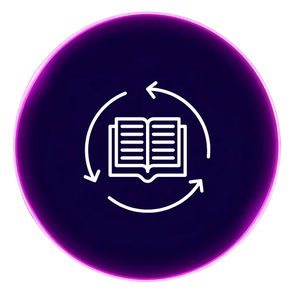 A purple circle with an icon in the middle that shows a book with arrows pointing around it