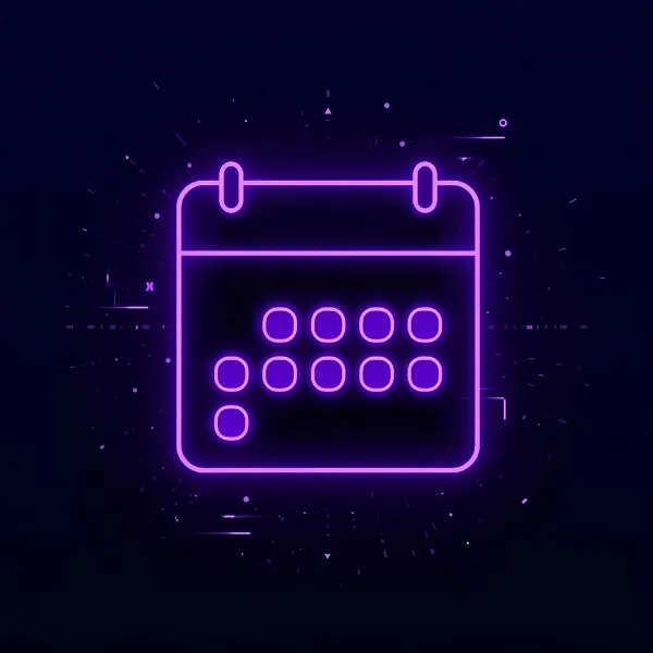 A glowing neon-purple calendar icon with circular date markers, set against a dark digital background with subtle futuristic light effects.