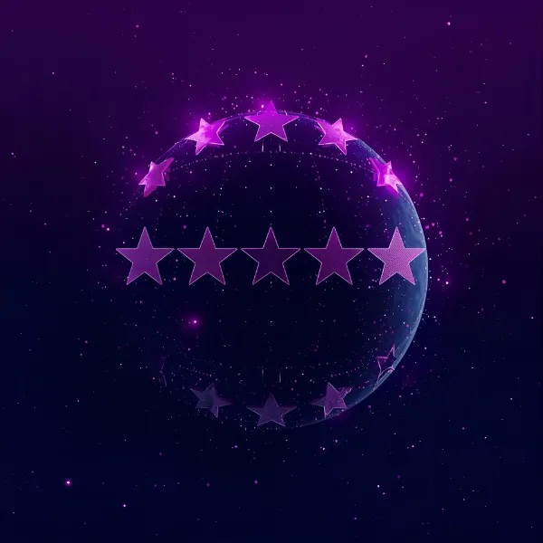 Digital sphere surrounded by glowing purple stars forming a semi-circle above and below, floating in a starry cosmic background.