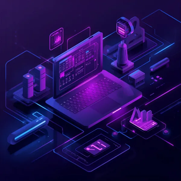 Futuristic digital illustration of a laptop surrounded by glowing holographic interface elements, charts, and tech devices in purple and blue tones, representing data analytics and advanced technology systems