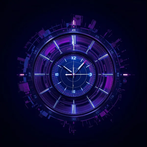 A glowing futuristic clock face with neon blue and purple circular elements, mechanical details, and radial markings arranged in a high-tech digital style.