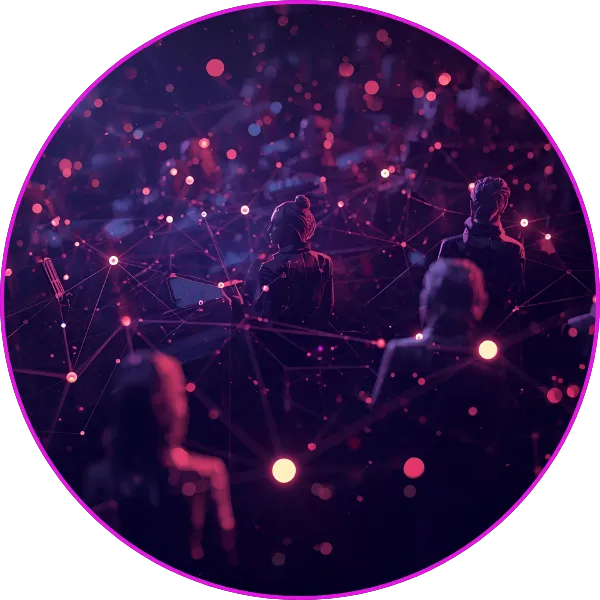 A futuristic scene showing multiple silhouetted figures connected by glowing pink and purple network lines and data points, symbolizing digital connectivity, communication, and a connected global community.