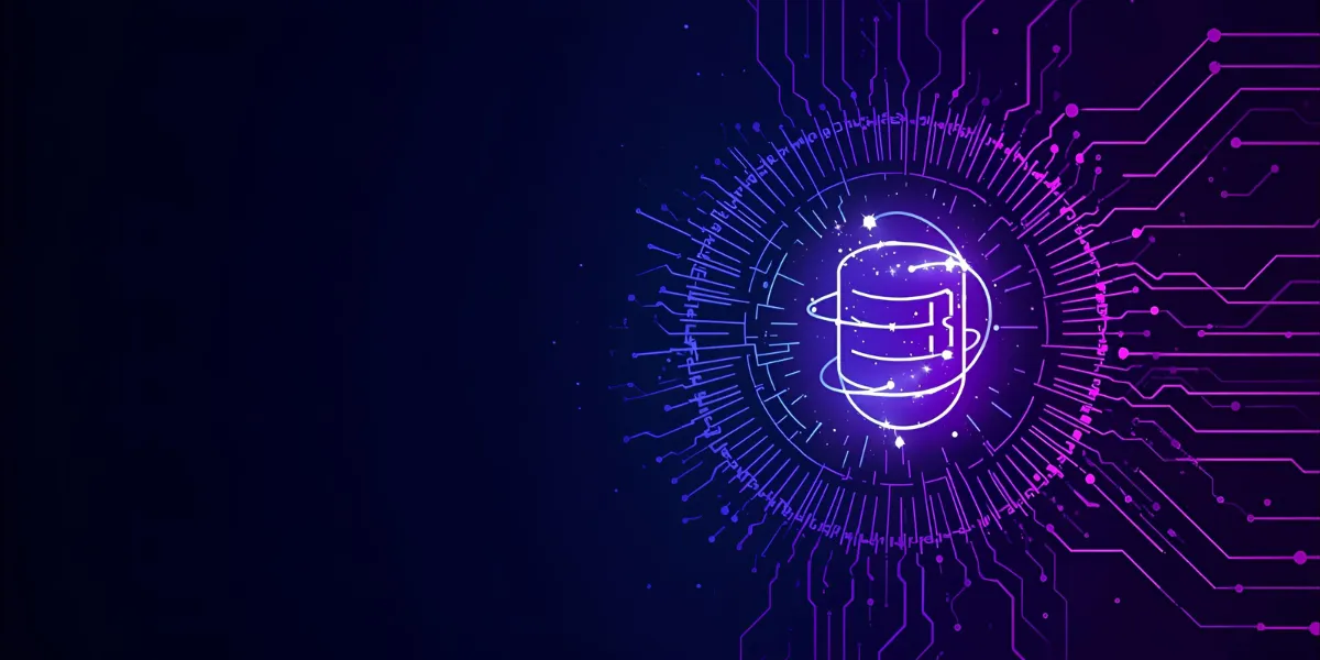 A glowing neon illustration of a database icon surrounded by circular digital circuitry and purple-blue light effects, symbolizing data storage and advanced technology on a dark background.
