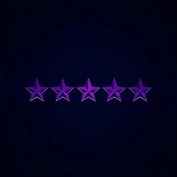 A row of five glowing purple 3D stars displayed against a dark background, representing a five-star rating.