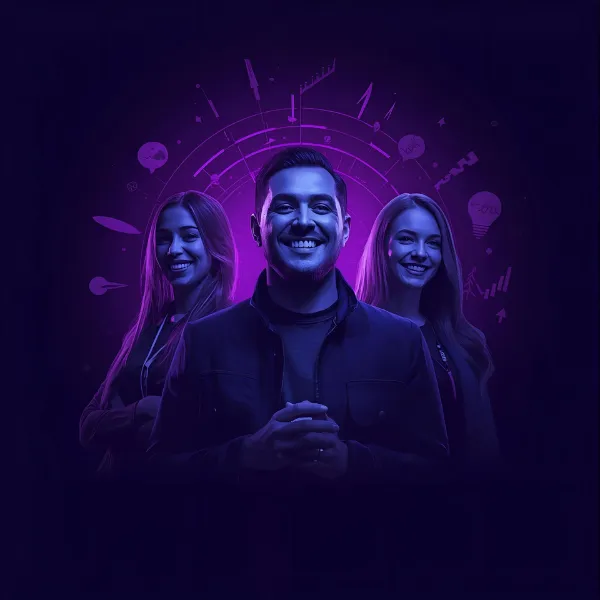 Three smiling young professionals standing together confidently with digital icons and diagrams glowing behind them in purple light.