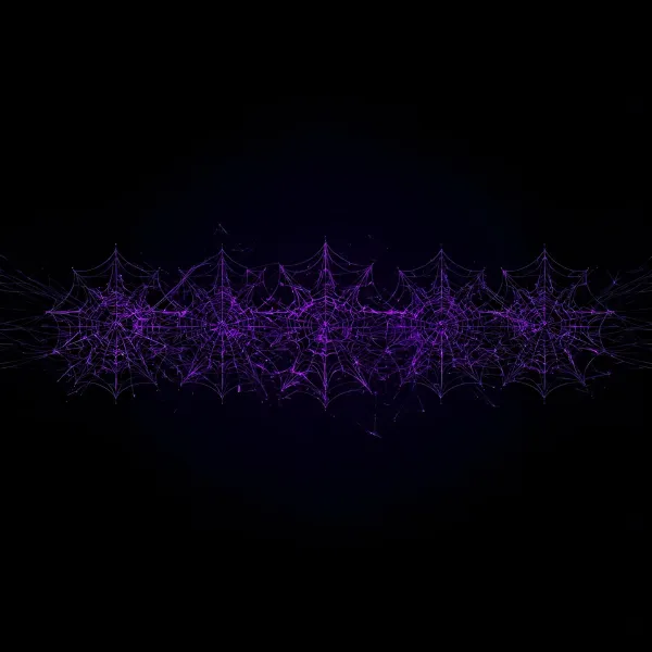 A horizontal row of interconnected purple web-like structures glowing against a dark background, resembling a digital or abstract network.