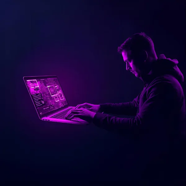 A man illuminated by purple light types on a laptop displaying futuristic digital interfaces and data visualizations against a dark background.