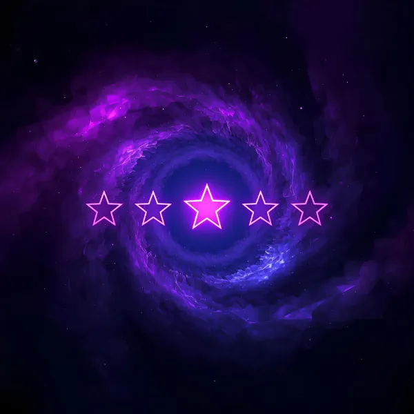 Five glowing purple stars arranged in a row at the center of a swirling cosmic vortex of purple and blue light, symbolizing a five-star rating with a futuristic theme.