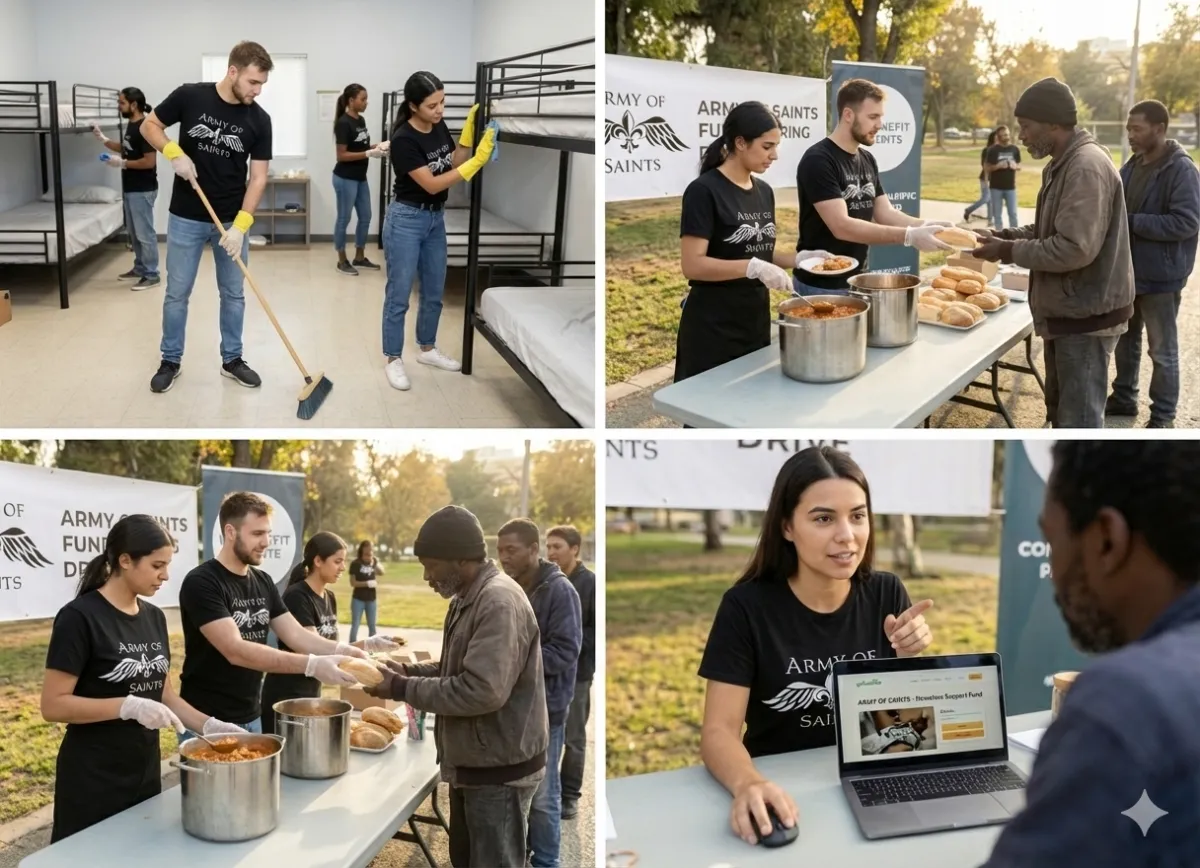 Army of Saints team meeting with volunteers in a bright office, diverse group, friendly atmosphere