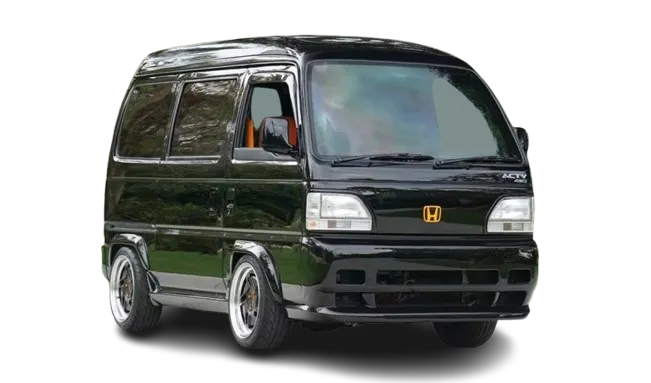 A black Honda Acty van with a sleek design and custom wheels