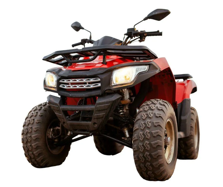 A red all-terrain vehicle (ATV) with large tires and handlebars, designed for off-road use.