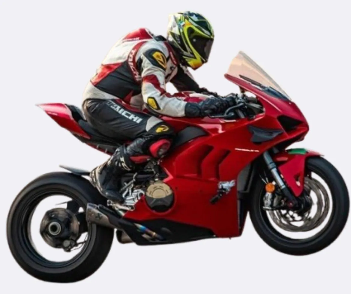 A motorcyclist in a red suit and green helmet performing a jump on a red sport bike.