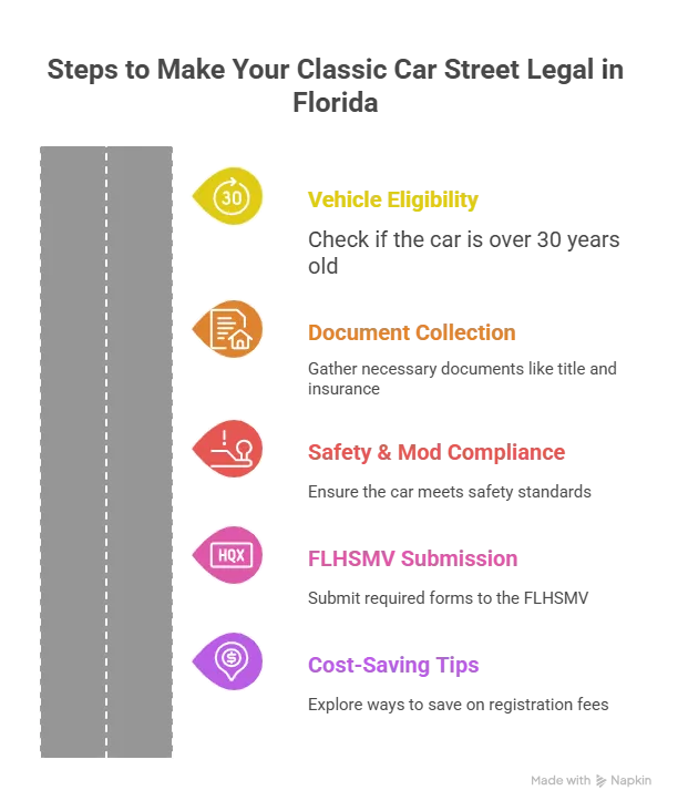 Infographic outlining steps to make a classic car street legal in Florida, including vehicle eligibility, document collection, safety compliance, FLHSMV submission, and cost-saving tips.