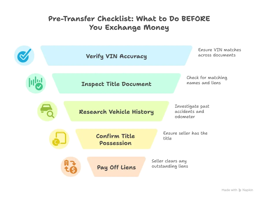 Infographic showing pre-transfer checklist for car transactions: verify VIN accuracy, inspect title document, research vehicle history, confirm title possession, and pay off liens.