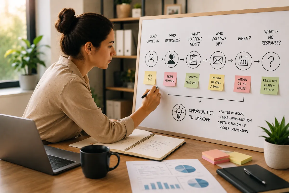 Business owner mapping a lead management workflow to improve business processes, follow-up, operational efficiency, and automation with Business Master Suite.