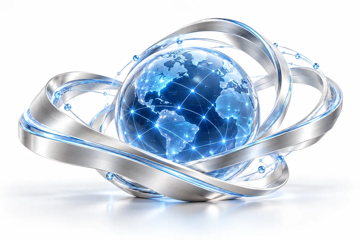 Blue network globe surrounded by flowing silver ribbons