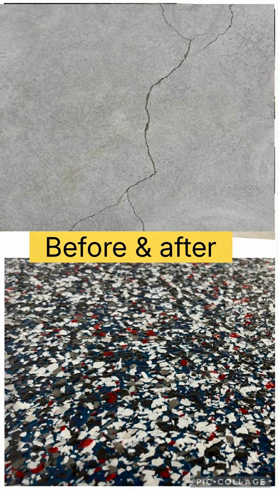 before and after - cracked concrete floor to blue, red, black, and white epoxy flake floor