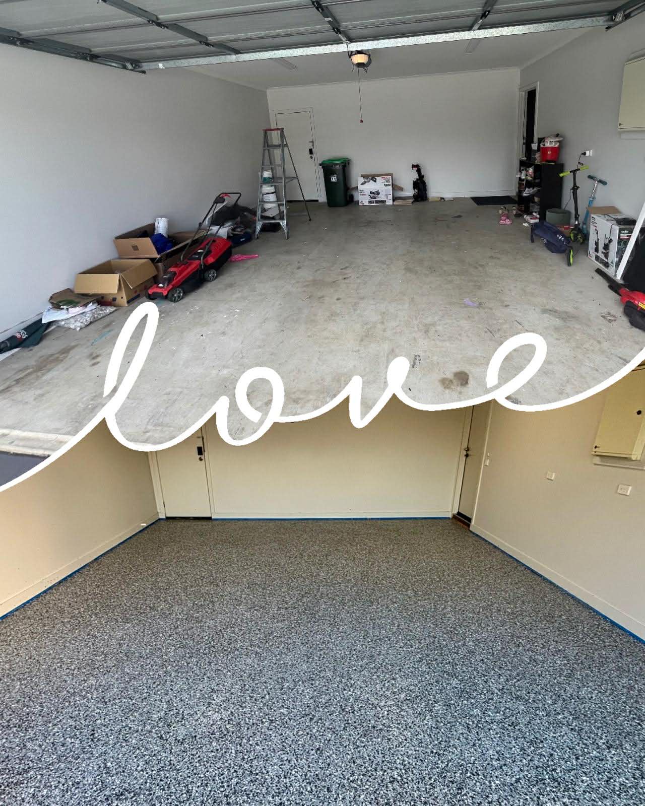 before and after concrete with equipment to epoxy floor black and white