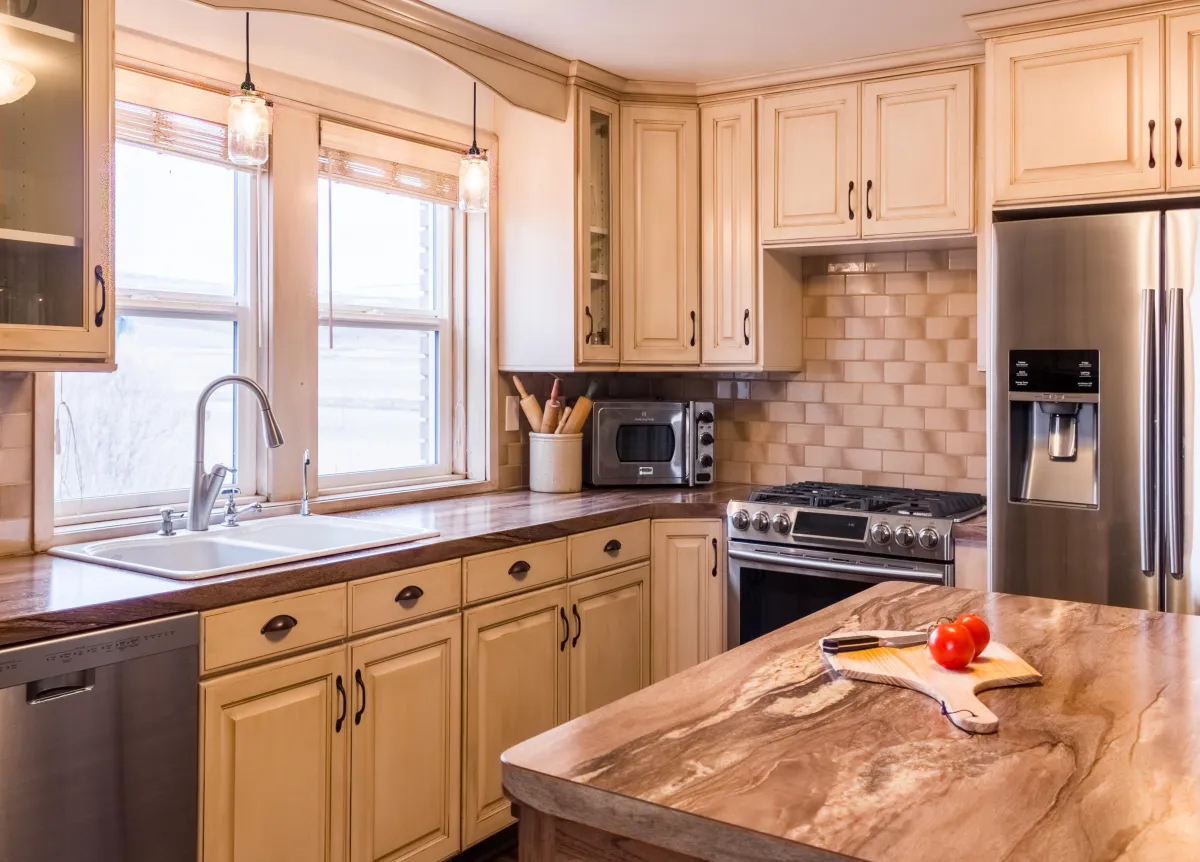 Kitchen interior, island, large property, real estate photography