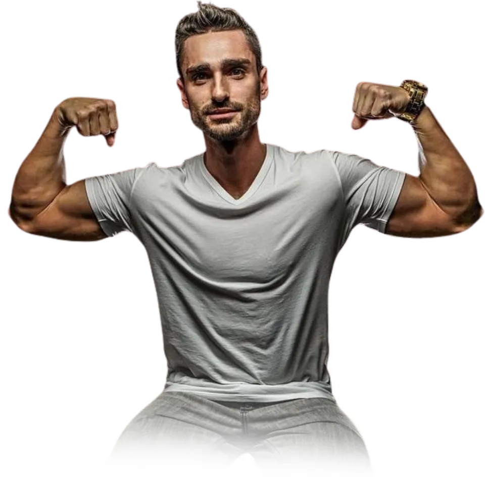 Tommy Reynolds flexing in a white shirt, representing the Sweat Equity Newsletter that helped clients lose over 100,000 pounds and generate $30 million in revenue.