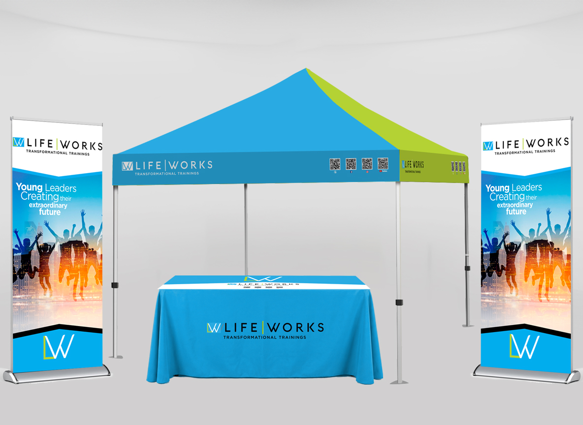 Ofiso Solutions custom printing mockup with canopy, table cover, and banners