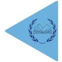 A blue triangle with an book open halfway and lying on its spine, the pages spread, surrounded by a laurel wreath.