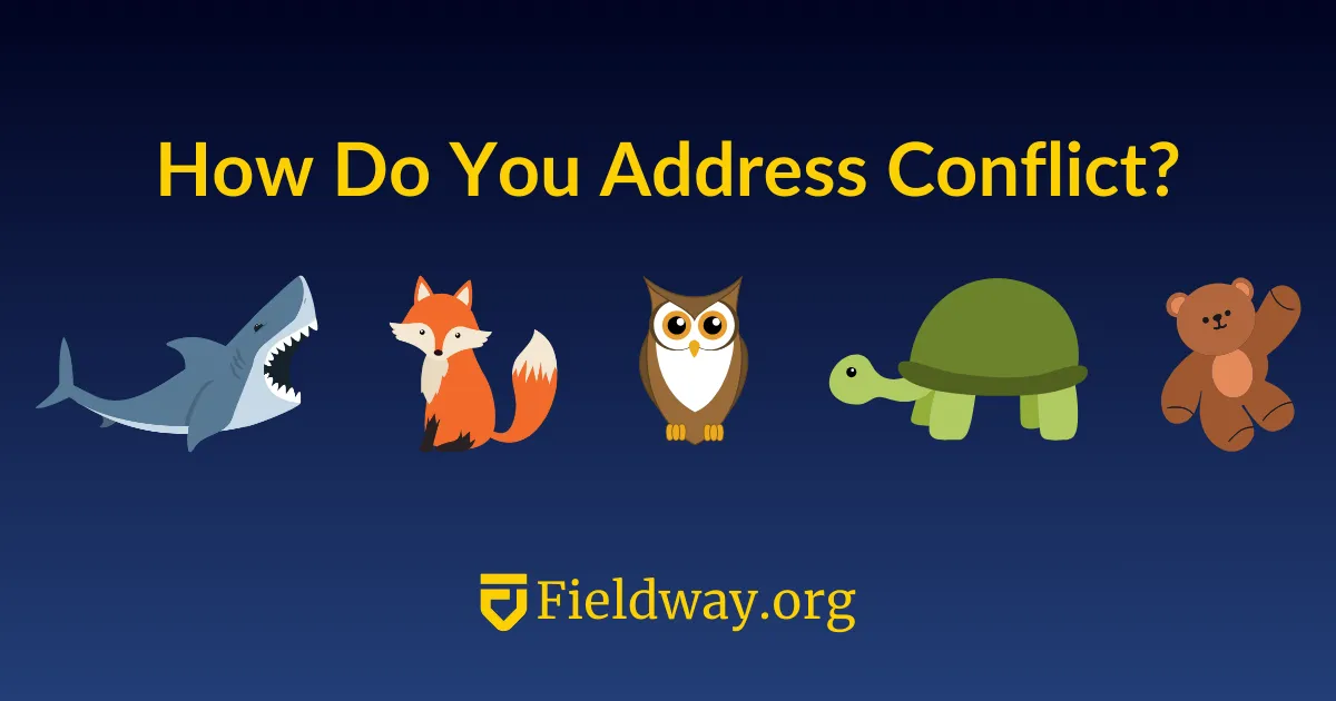 Image of 5 illustrated animals with the text, "How Do You Address Conflict?"