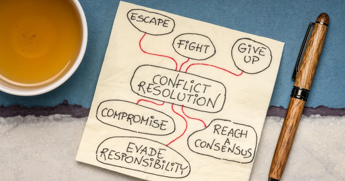 Image of a napkin with a mind map for how to resolve a conflict.