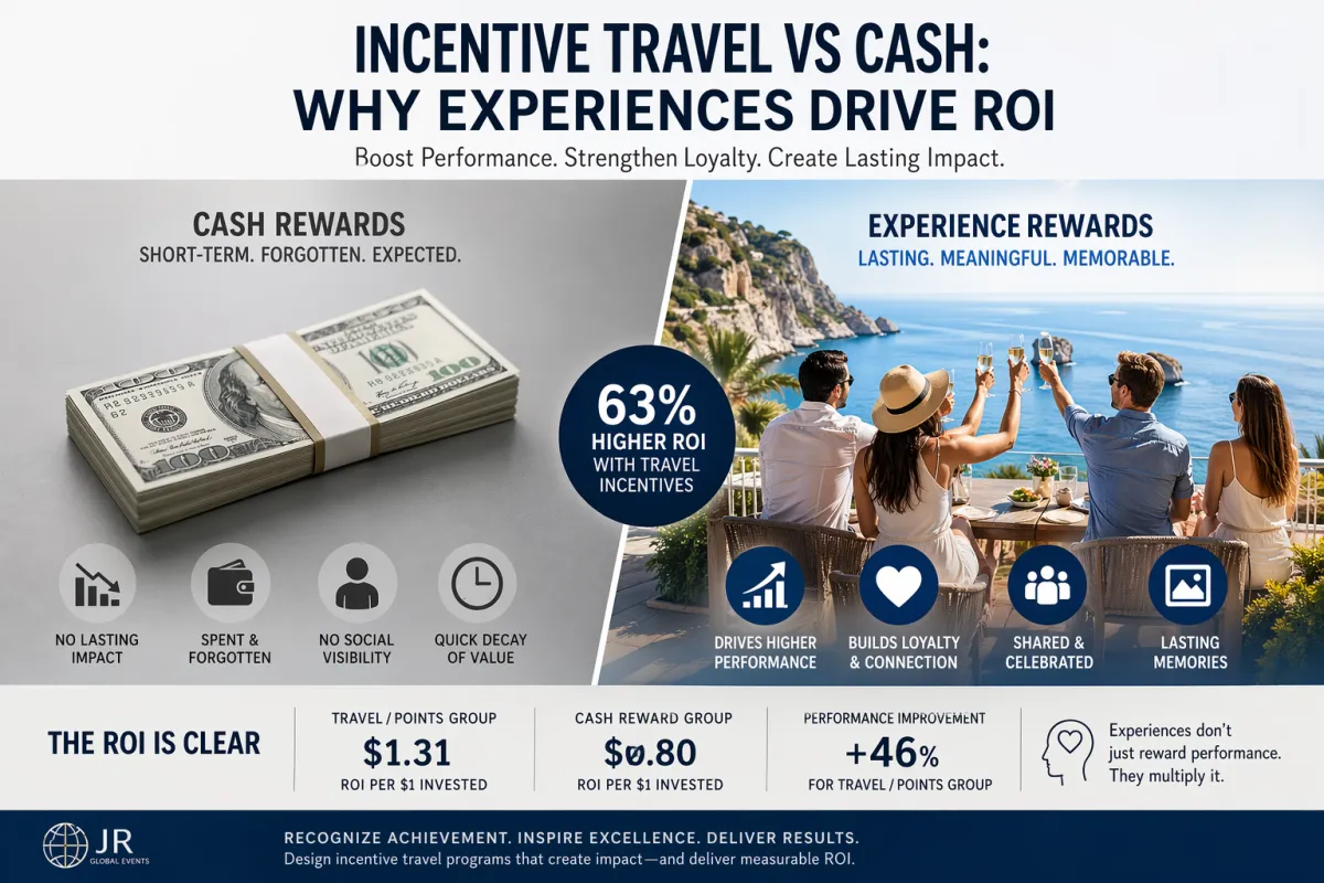Incentive travel vs cash rewards comparison showing higher ROI and employee engagement