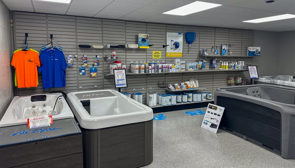 Pool and spa chemicals displayed neatly