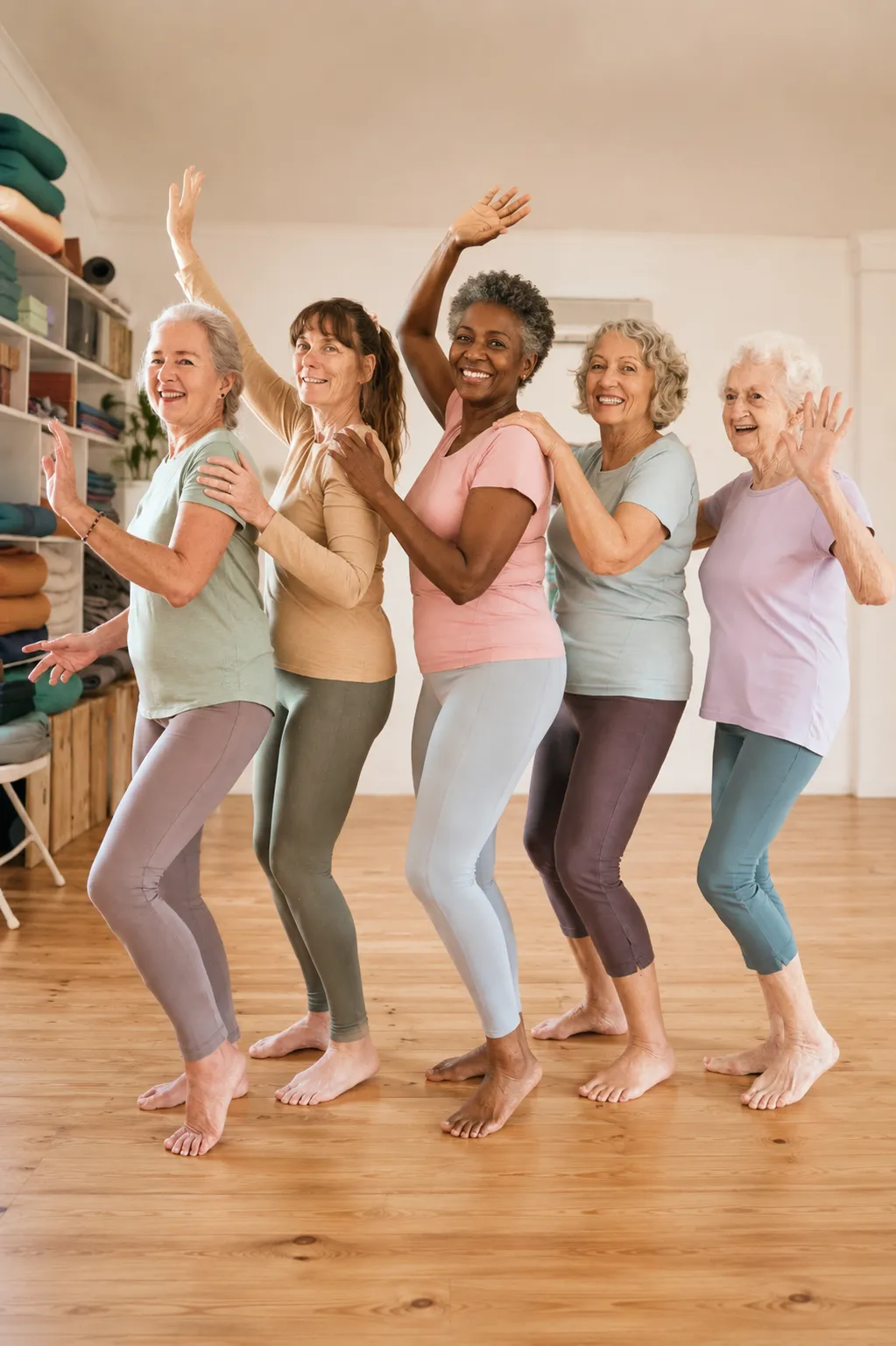 Woman smiling confidently in a boutique wellness studio, illuminated by natural light