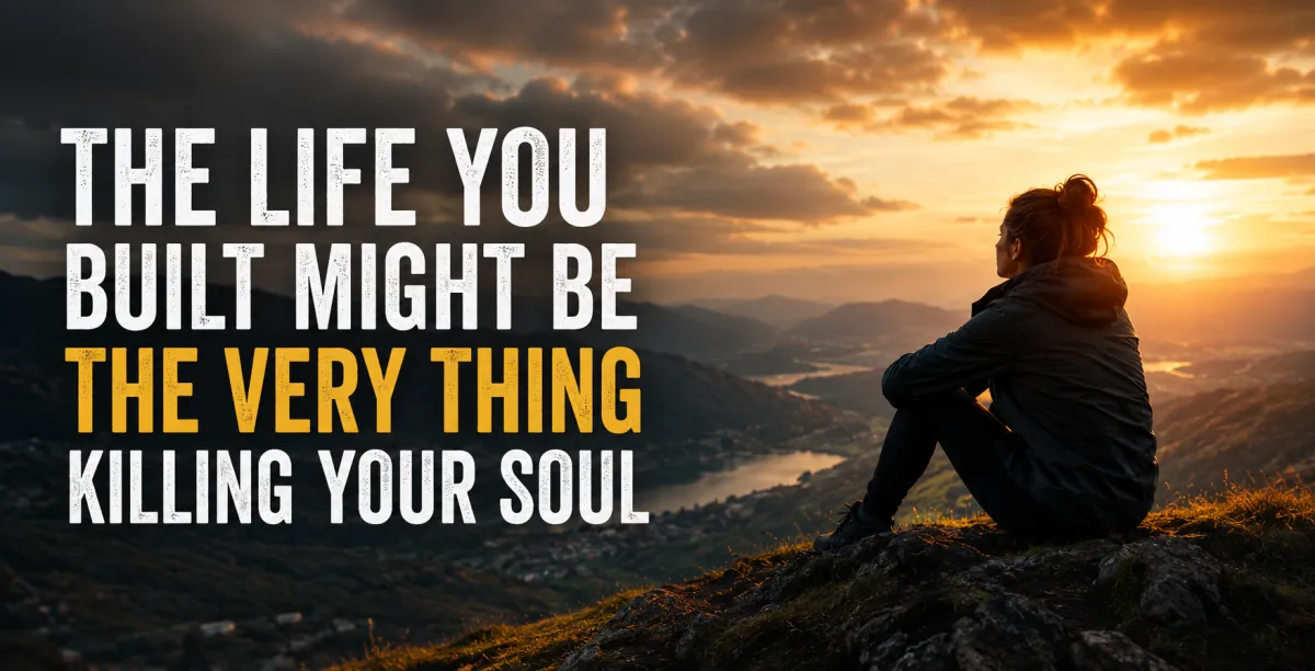 Woman on a mountain with text "The Life You Built Might Be The Very Thing Killing Your Soul"