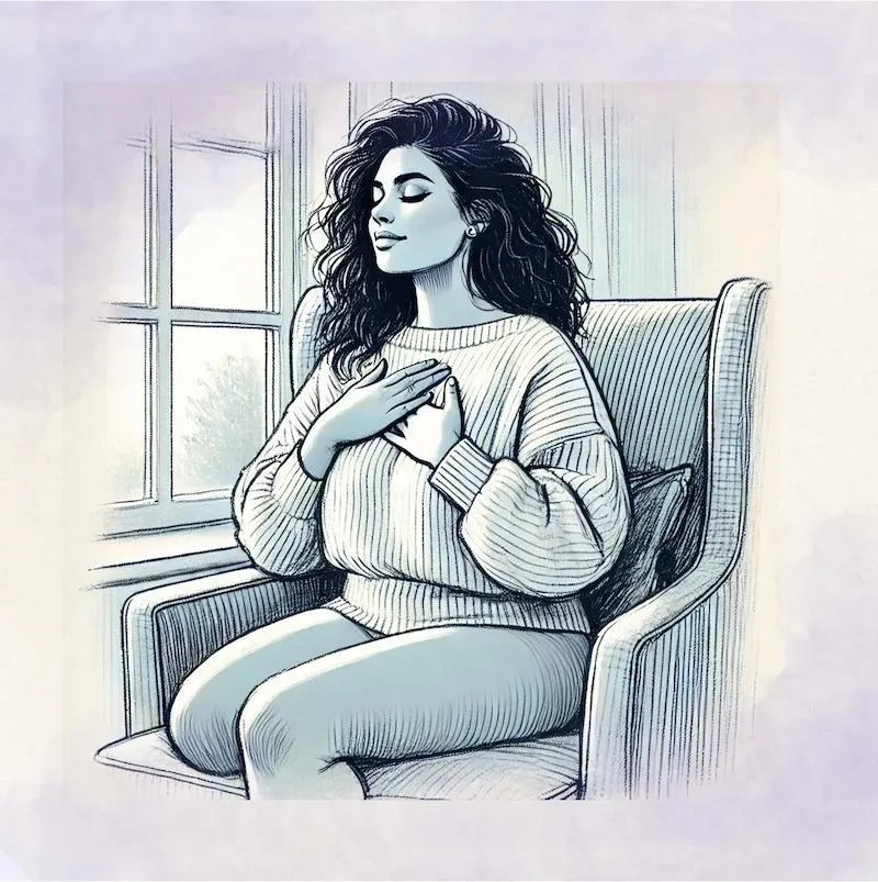 Parent with curly hair sitting peacefully, eyes closed, hands over heart — grounding themselves in a quiet moment of self-connection.