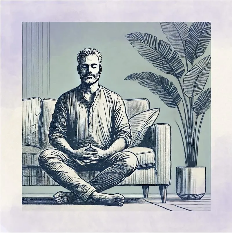 Calm parent sitting cross-legged on a couch, eyes closed in meditation, surrounded by soft natural tones and plants.