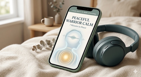 Smartphone and headphones mockup for "Peaceful Warrior Calm" hypnosis audio. The screen shows a serene silhouette with a glowing golden heart center, symbolizing a calm and regulated nervous system.