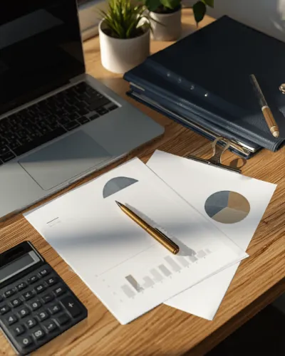 A serene, high-end financial setting conveying calm and precision