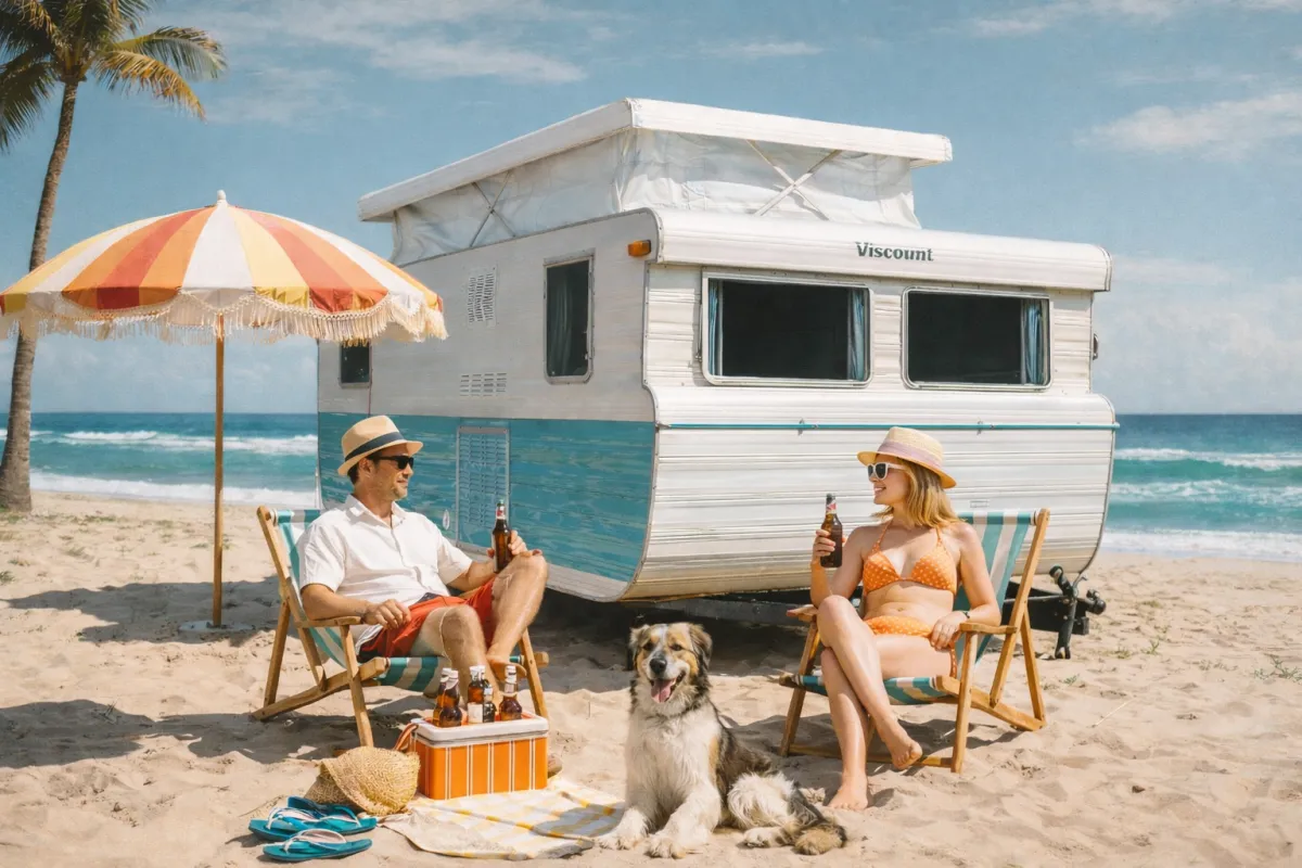 A retro pastel BarkerVan 16 caravan with a dog at golden hour