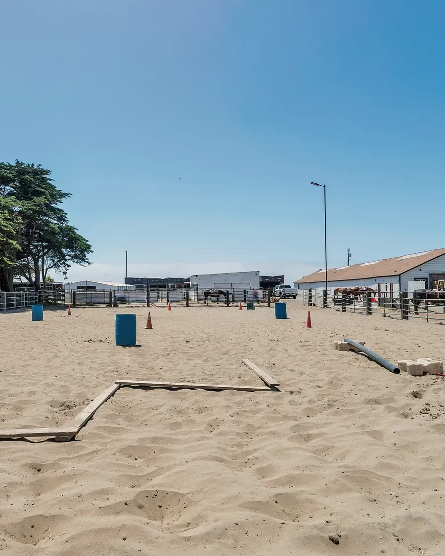 The sand arena at Ocean View Stables set out with ground poles, cones and barrels