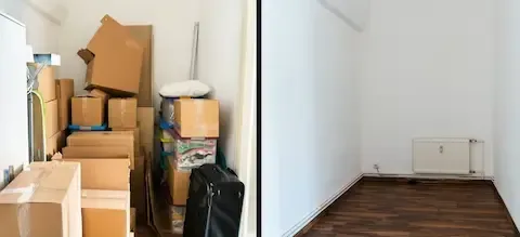 Hoarder cleanout with stacked boxes cleared to an empty room by West Linn Junk Removal.