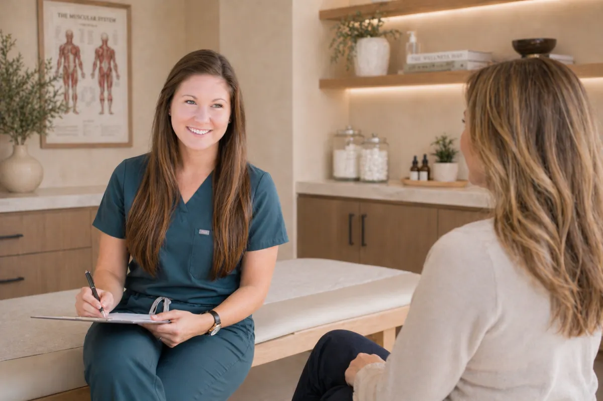 A framed, soft-lit photo of Dr. K in a warm clinical environment.