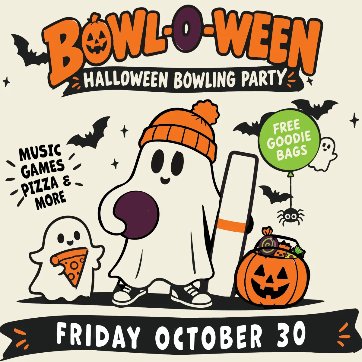 Bowl-O-Ween Party Thumbnail with Cute Ghosts holding bowling gear, candy and pizza