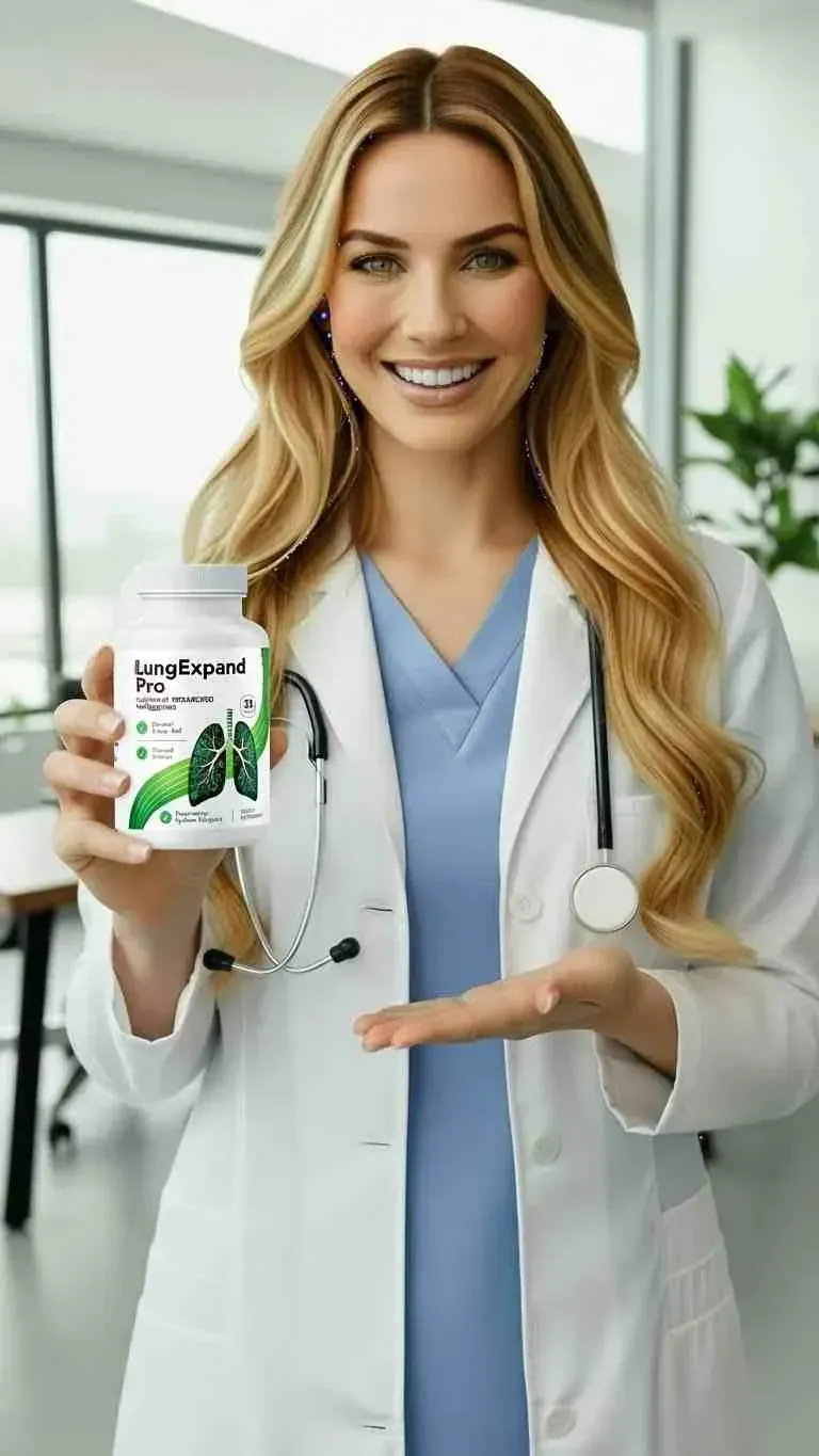 "Doctor smiling and holding a bottle of 'LungExpand Pro' supplement."