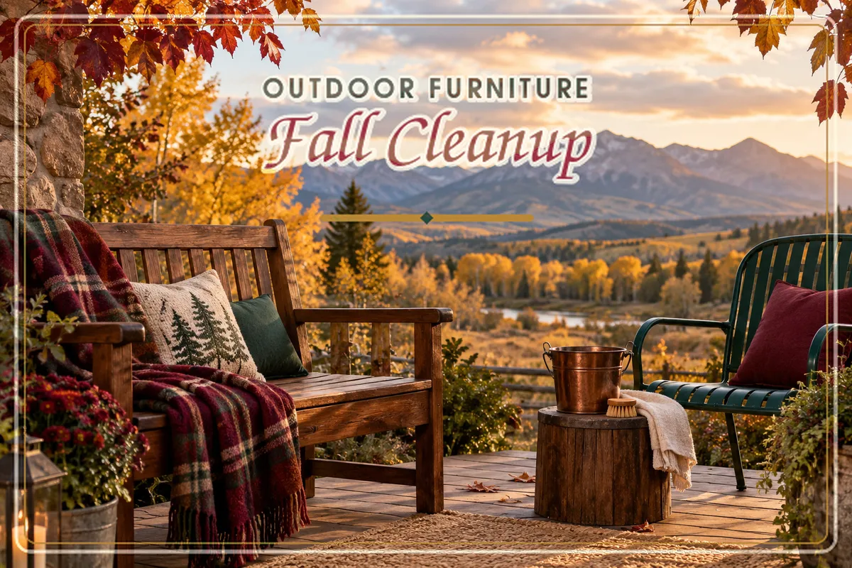 Outdoor furniture on a Colorado porch ready for fall cleanup before winter