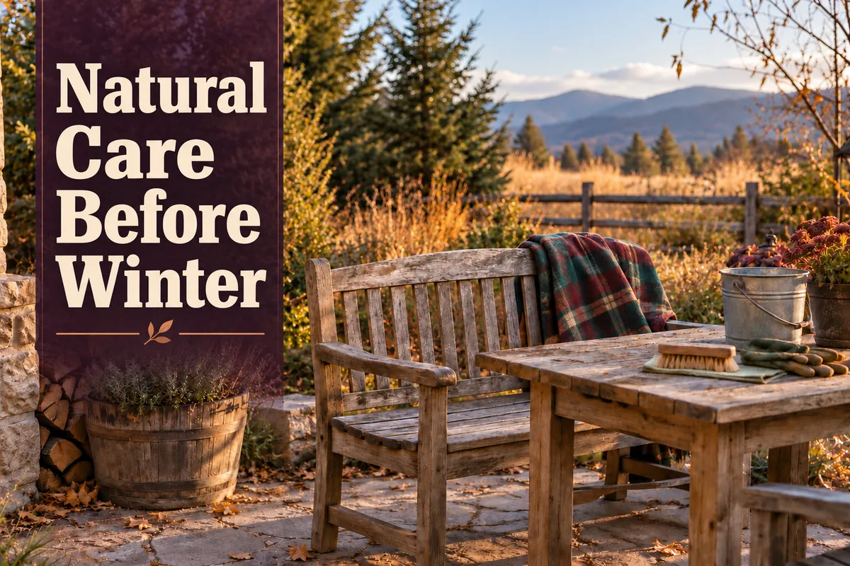 Autumn outdoor wooden bench and table with the words “Natural Care Before Winter.”