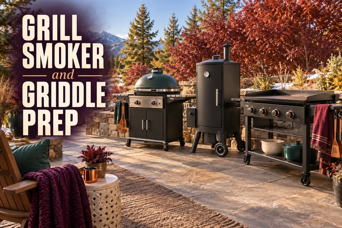 Outdoor grill, smoker, and flat-top griddle in a colorful cooking area with the words “Grill Smoker and Griddle Prep.”
