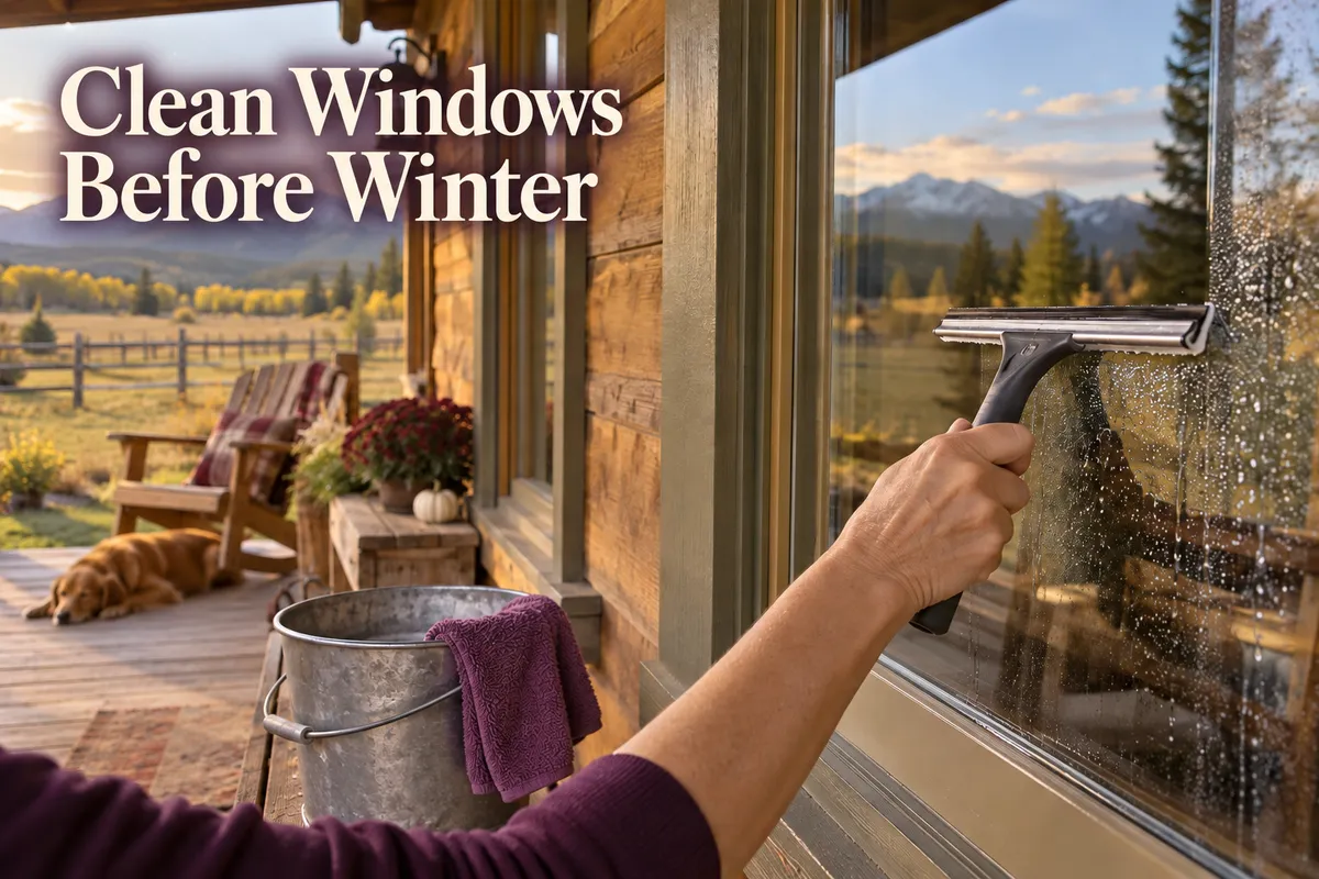 Mature hand cleaning a wood-framed window on an autumn porch beside the words “Clean Windows Before Winter.”