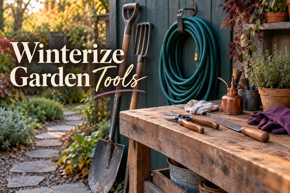 Garden tools and a coiled green hose beside an autumn workbench, with the words “Winterize Garden Tools.”