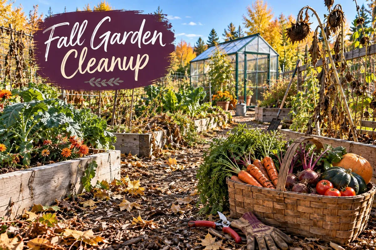 Colorado raised-bed garden with a greenhouse, harvest basket, sunflowers, and fall tools beneath the words “Fall Garden Cleanup.”