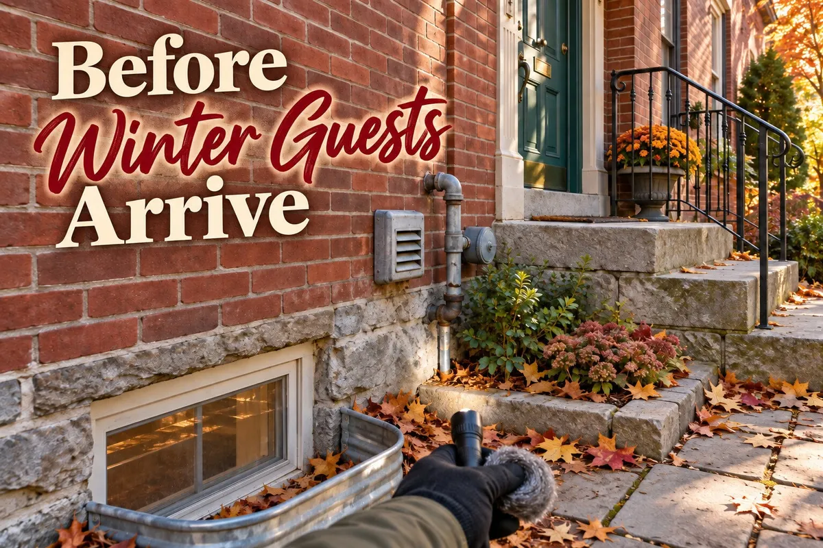 Mice near a brick home foundation and autumn entryway beneath the words “Before Winter Guests Arrive.”