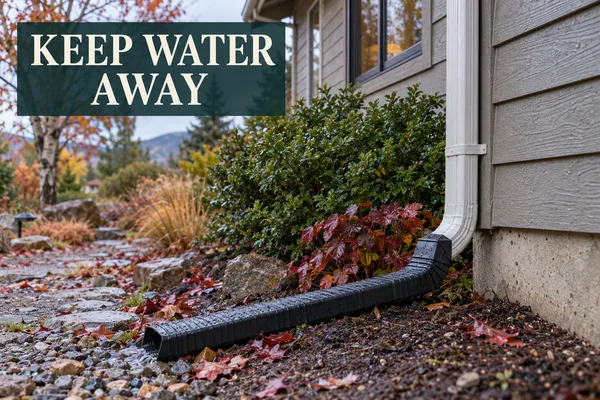 Rural home in a fall rain with roof runoff draining safely away from the foundation, overlaid with “Keep Water Away.”